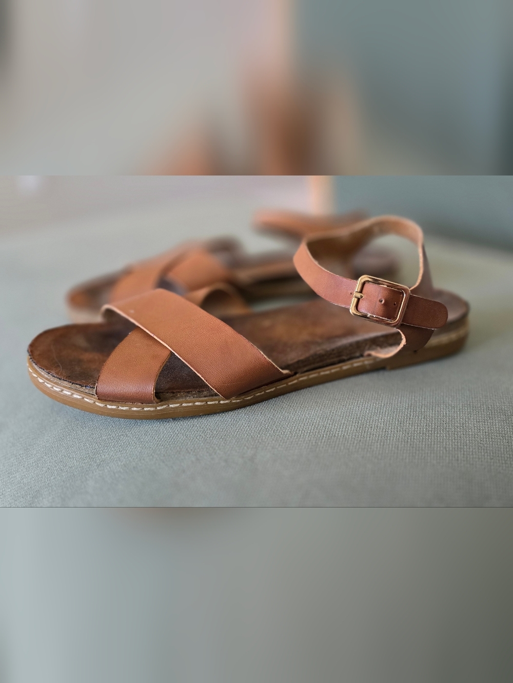Tan Leather Footbed Sandals with Strap Detail